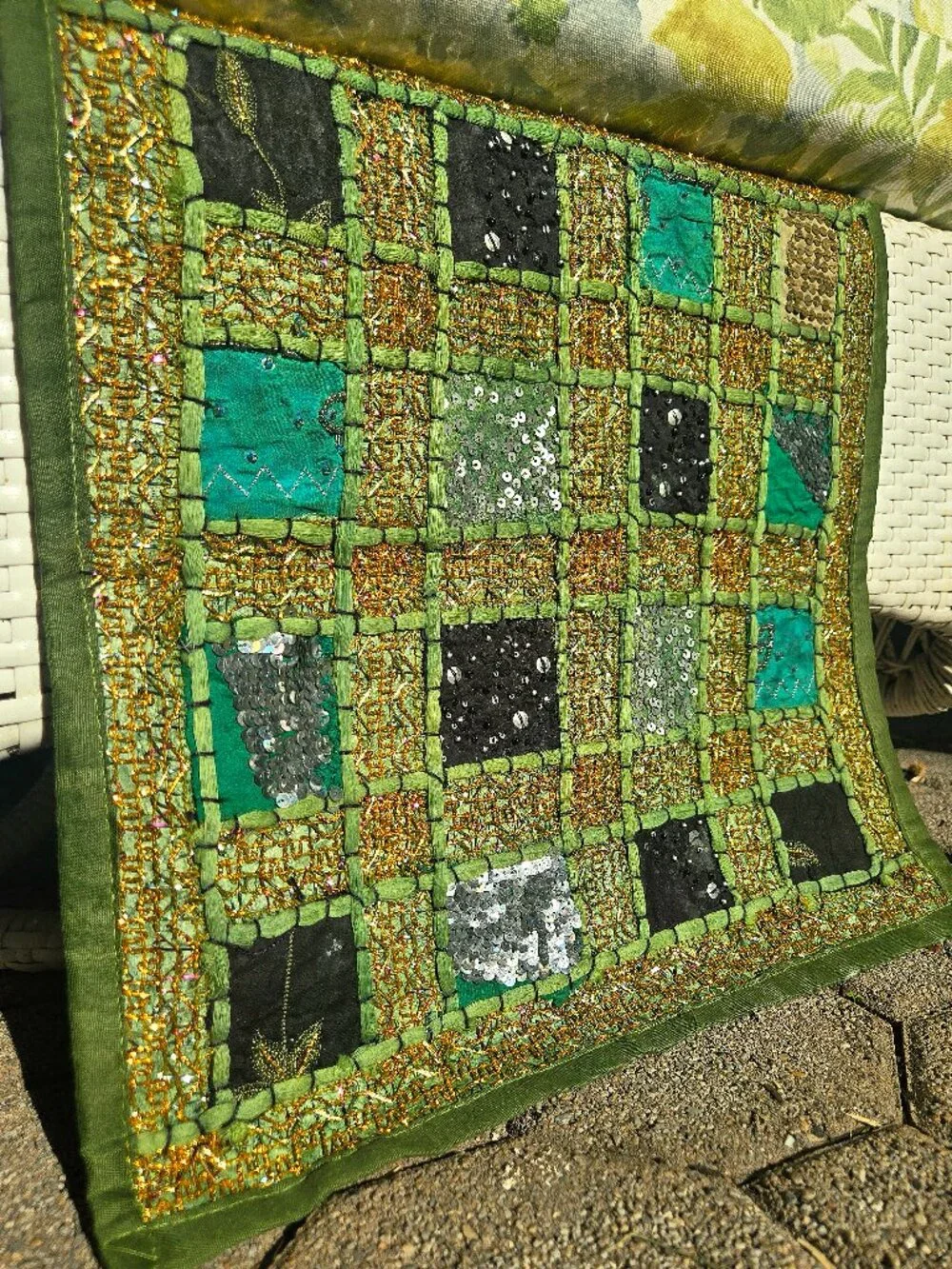Vintage Pier 1 Imports Beaded Patchwork Placemat – Green & Gold Boho Table Decor